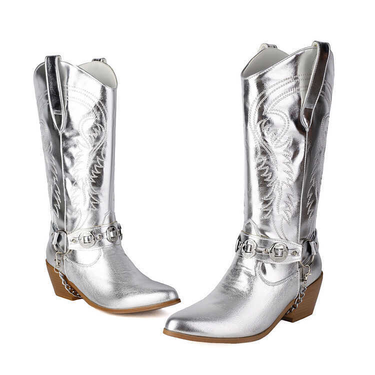 Fashion Boots Metal Chain Embroidered Western Boots Autumn New Style Pointed Toe Thick Ankle Boots Heel High-heeled Midsole WoMens Boots 241008
