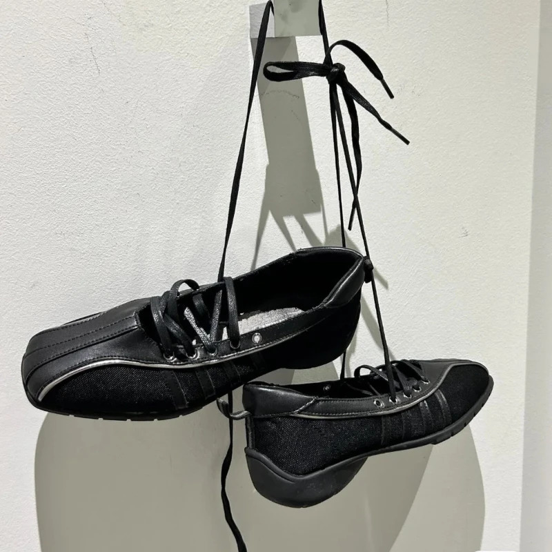Autumn womens black ballet shoes plain weave cross strap functional shoes comfortable soft soled Mary shoes ballet sneakers 241019