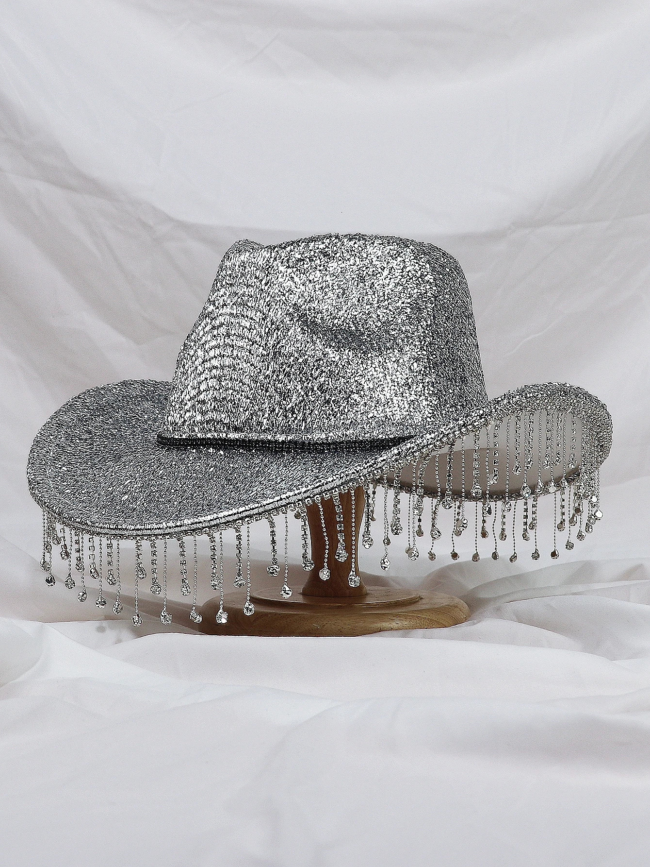 Silver Lady Western denim hat with rhinestone tassel party hat fashionable soft Duffle hat wide Brim Shade outdoor casual 241019