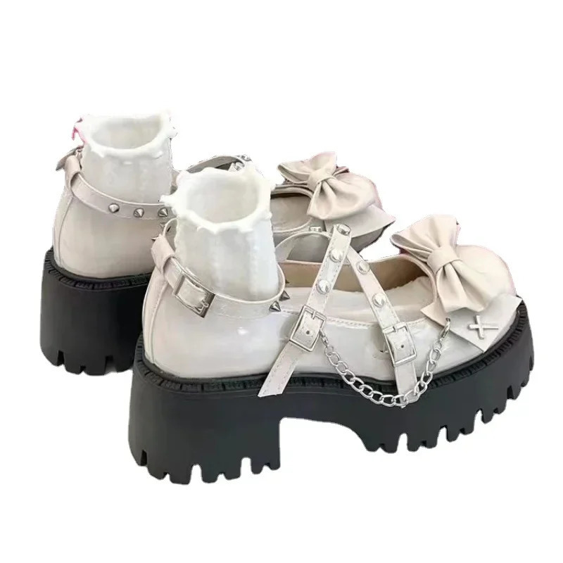 Ankle wrap womens high heels platform pump bow tie rivet chain square shoelace buckle womens shoes 241019