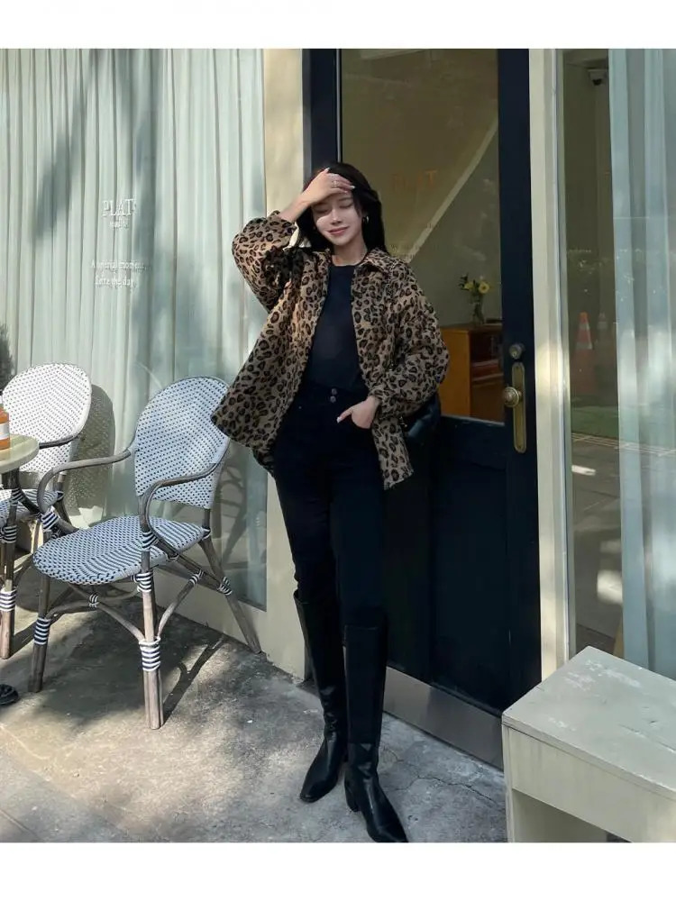 Autumn and winter womens brown leopard print jacket retro casual wool coat Korean single chest warm thick coat Harajuku 241019
