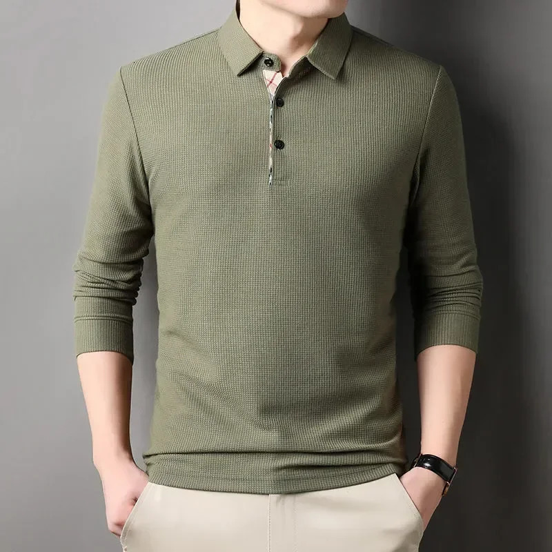 Men Long Sleeve Solid Casual Polo Shirts Spring Autumn Loose Streetwear Male Clothes splicing Lapel Plaid Business Office Tops 241009