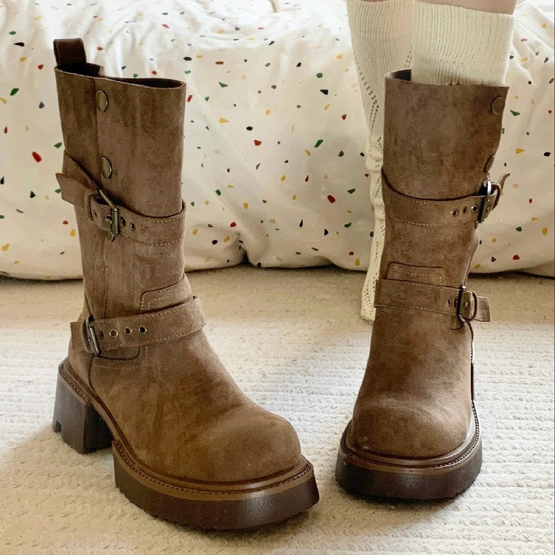 Suede High Boots Chunky Heel 2024 Winter Wear | Triple Black, Khaki 59dc