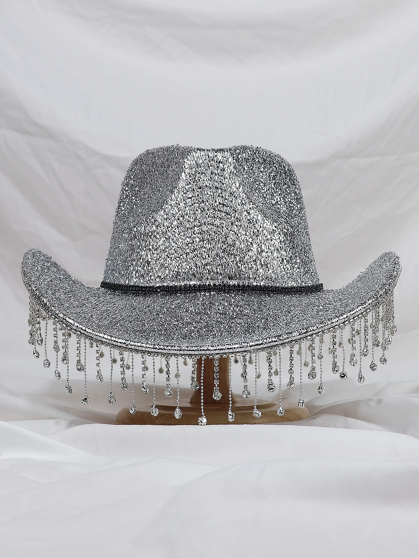 Silver Lady Western denim hat with rhinestone tassel party hat fashionable soft Duffle hat wide Brim Shade outdoor casual 241019
