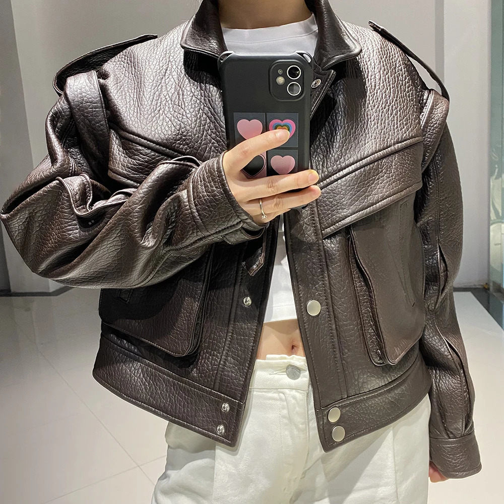 YOLOAgain Womens High Quality Genuine Leather Jacket Extra Large Dark Brown Grain Leather Jacket 241019