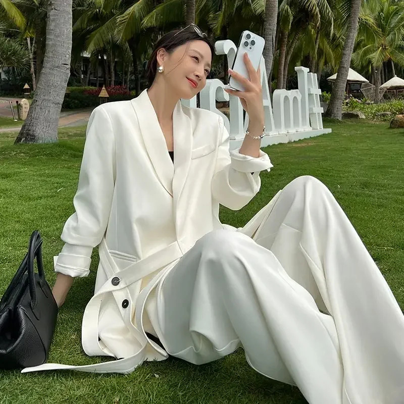 Korean Fashion High end Pants Suit Spring and Autumn Professional Coat Wide Leg White Two piece Set Women Outfits 241007