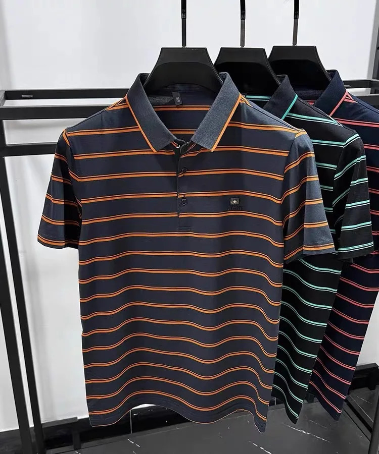 High end striped short sleeve mens POLO shirt summer fashion top highend color sense badge breathable Tshirt 241010