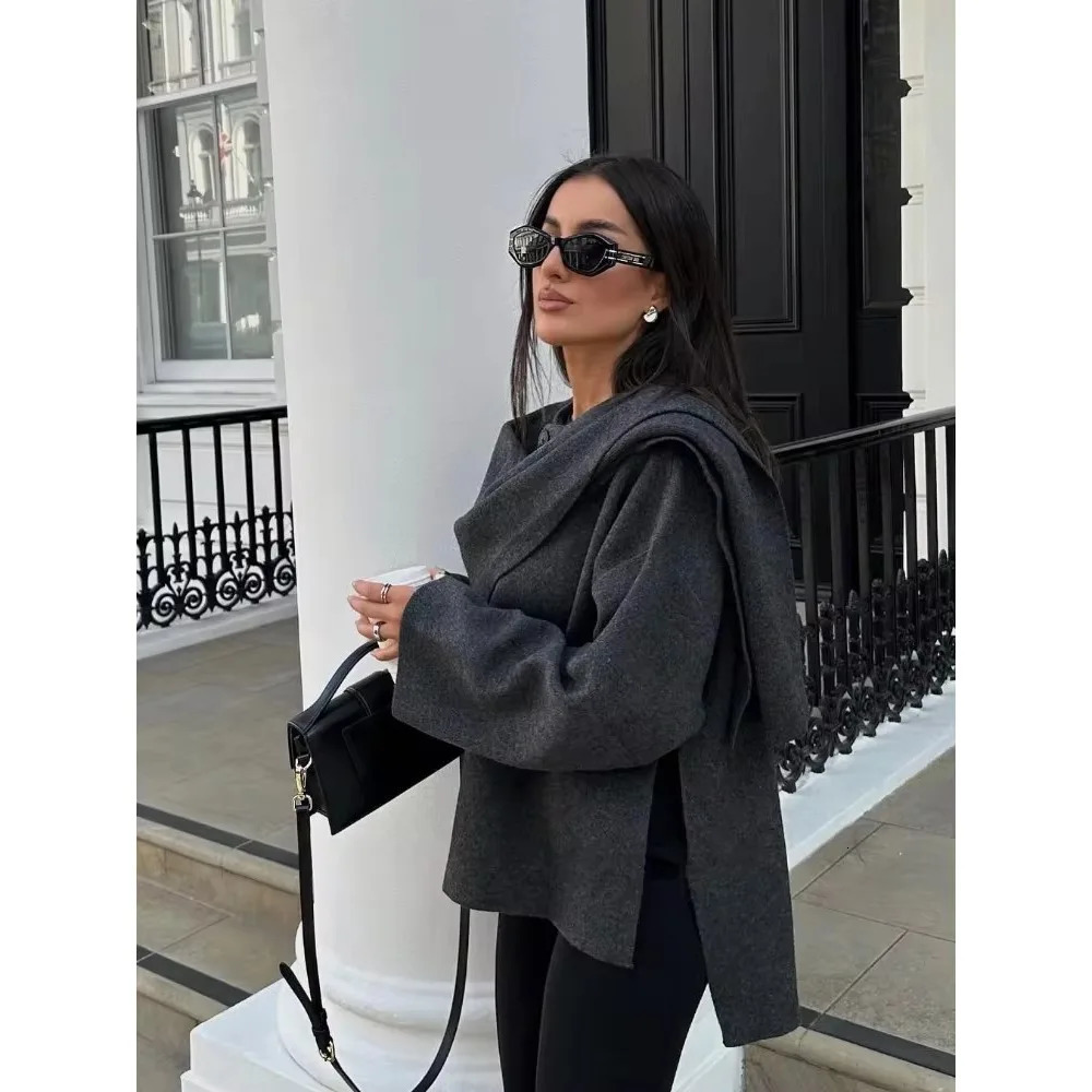 Women Fashion Scarf Decorated Woolen Jacket Casual Solid Long Sleeve Loose Warm Overcoat Autumn Winter Lady Chic Coat 241010