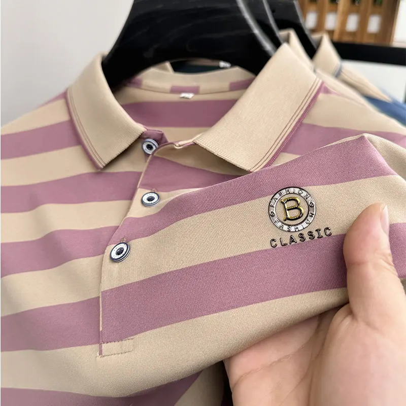 Summer Business Casual HighEnd Quality Short Sleeve Polo Shirt Stripe Lapel Tshir Trendy Top Fashion Men Clothing Shirts 241010