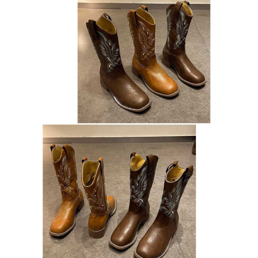 Fashion Boots Versatile Western Cowboy Boots Summer Thick Heel Ankle Boots Embroidered Sleeve Knight Boots Midsole Square Toe Martin Boots 241008
