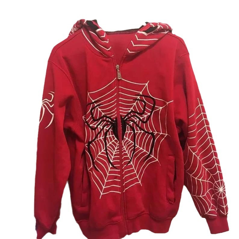 Punk Men Sweatshirt Fashion Spider Web Pattern Hooded Casual Top Zipper Sport Everyday Hoodie