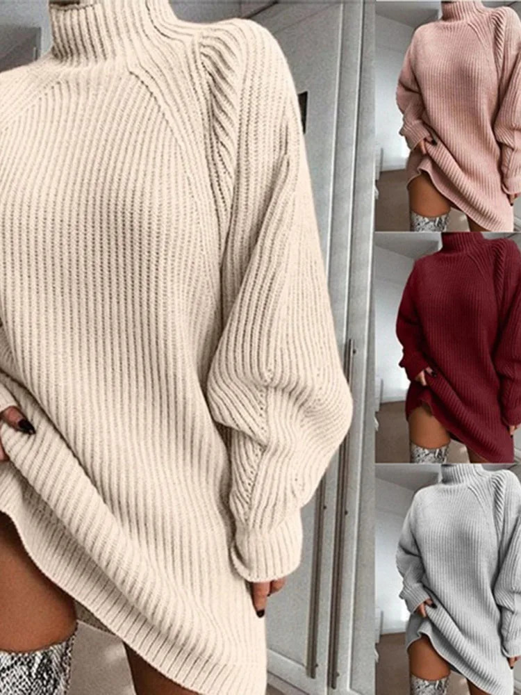 Women Turtleneck Sweater Dress Autumn Solid Long Sleeve Casual Elegant Mini Oversized Knitted Winter Clothes 241007