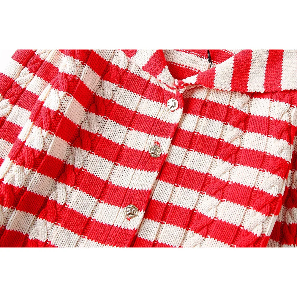 Aoaiys Knitted Open Knitted Womens Sweater Collar Autumn Winter Striped Coat Fashion Long Sleeve Single Chest 241019