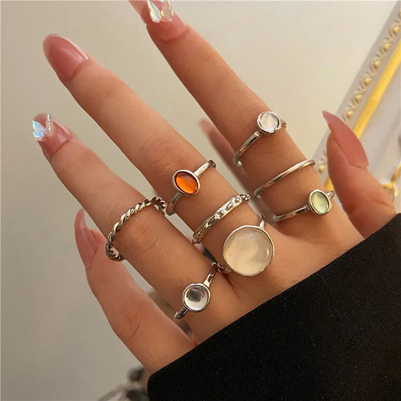 Vintage Colorful Crystal Stone Rings Set for Women Trendy Gold Silver Color Glazed Ring Geometric Resin Party Jewelry 241010