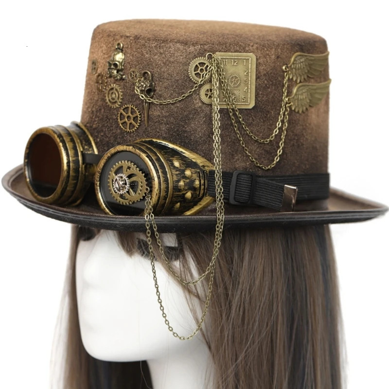 Steam punk mens hat with goggles gay top hat jazz hat gothic steam punk mens anti slip hat carnival nightclub 241019