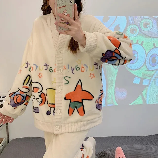 2025 Cartoon Flannel Pama Suit Women s Winter Thickened Princess Style Long Sleeve Cardigan fashion Outerwear Warm Sweet Homewear V neck