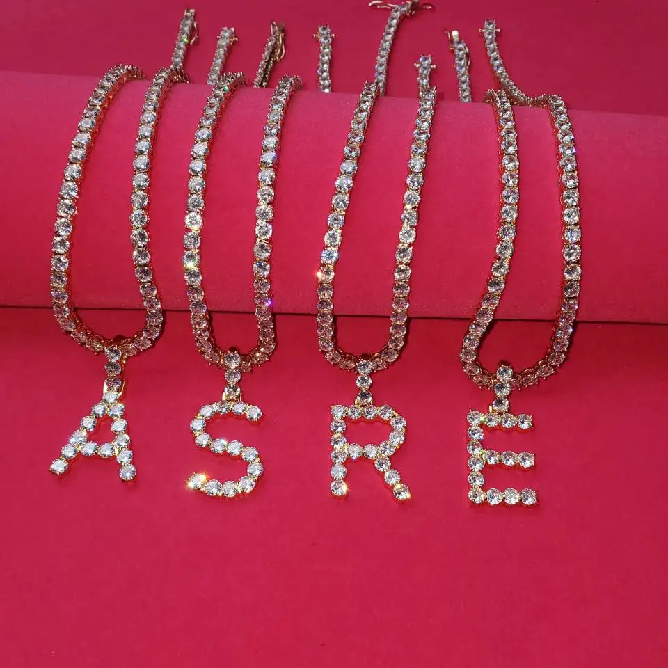 Single Zircon Tennis Letters Necklaces Pendant Charm For Men/Women Gold Color Hip Hop Jewelry with Tennis Chain 241019