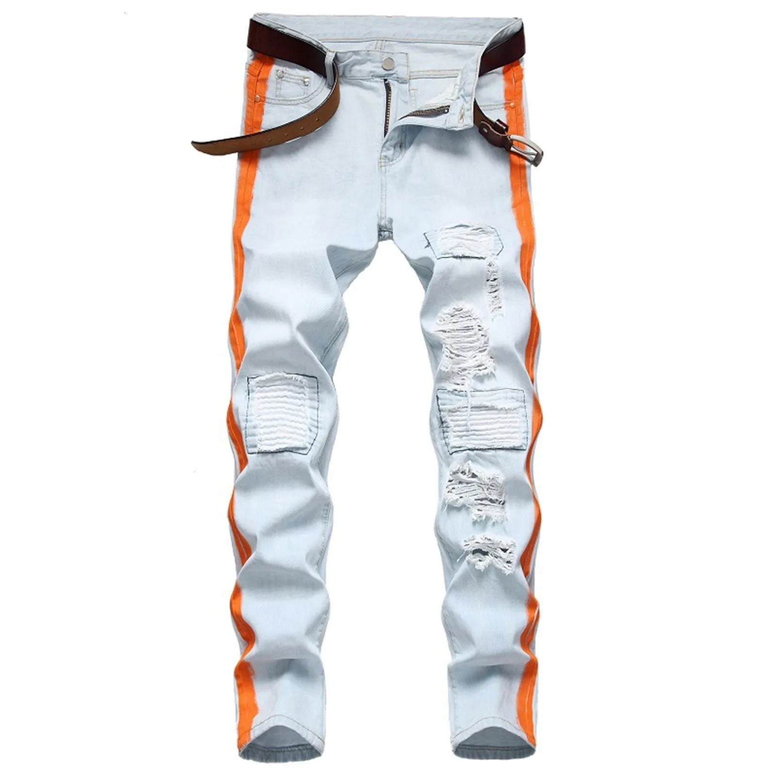 Fashion Straight Light Jeans Personality Brushed Ripped Patch MenS High Waist Slim Men Baggy Harem Jean Trousers 241008