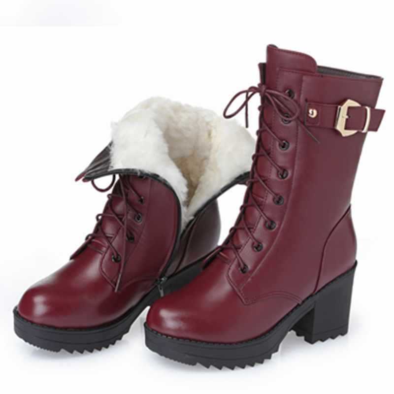 High-heeled Genuine Leather Women Winter Boots Thick Wool Warm Women Biker Boots High-quality Female Snow Boots K25