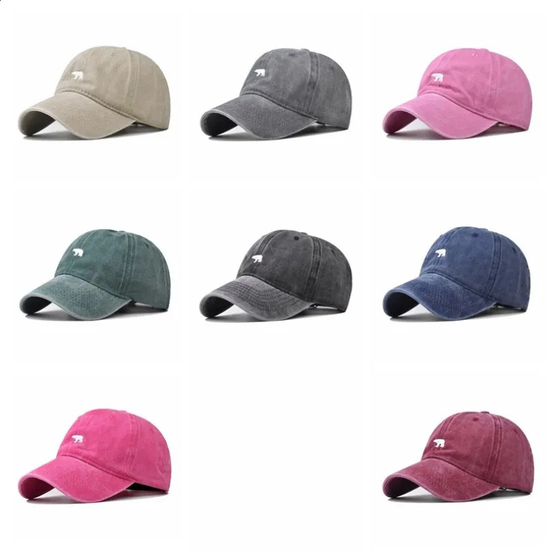 Polar bear embroidered baseball cap women washed letter soft cap male Korean retro student hat 241009
