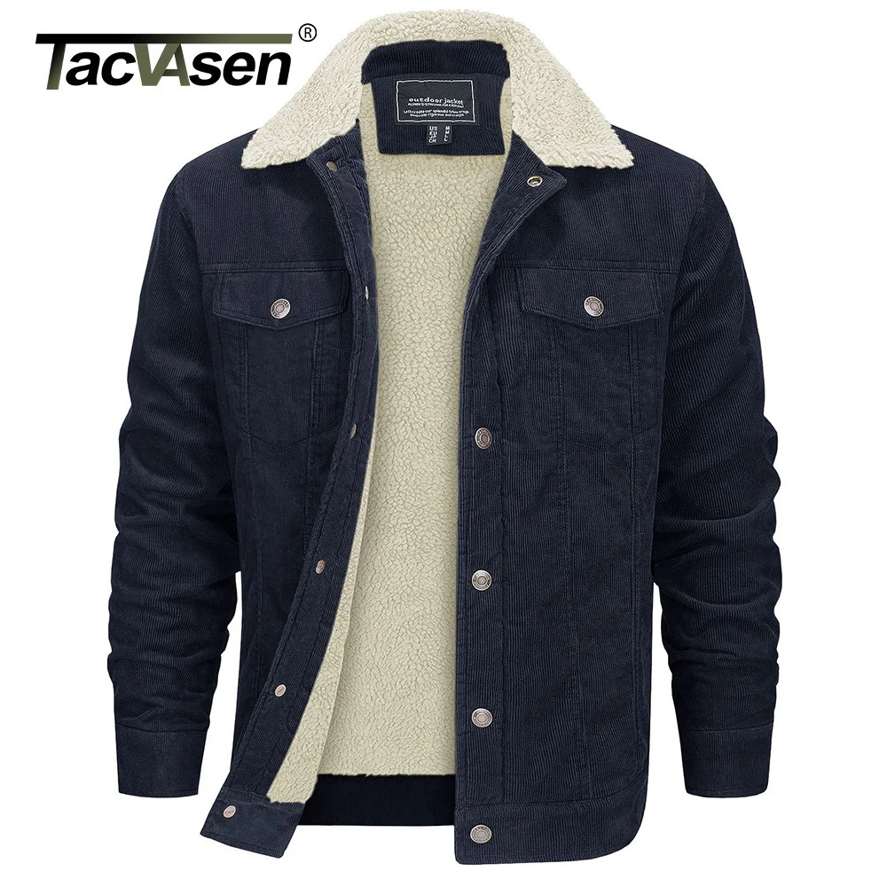 TACVASEN Mens Corduroy Jacket Soft and Warm Sherpa Wool Lining Collar Jacket Winter Truck Driver Cargo Work Clothes Multiple Pockets 241007