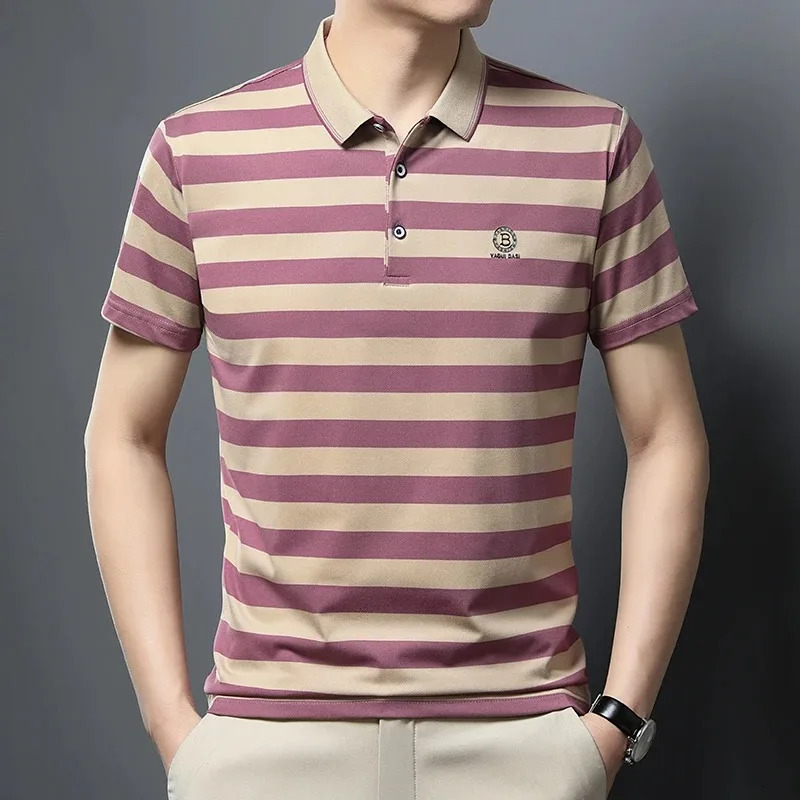 Summer Business Casual HighEnd Quality Short Sleeve Polo Shirt Stripe Lapel Tshir Trendy Top Fashion Men Clothing Shirts 241010