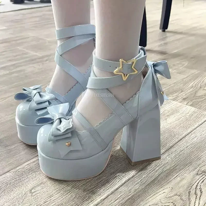 Sweet Retro Mary Jens Shoes Womens Star Buckle Lolita Cavay Platform Shoes Womens Bow Knot Cute er Shoes 241019