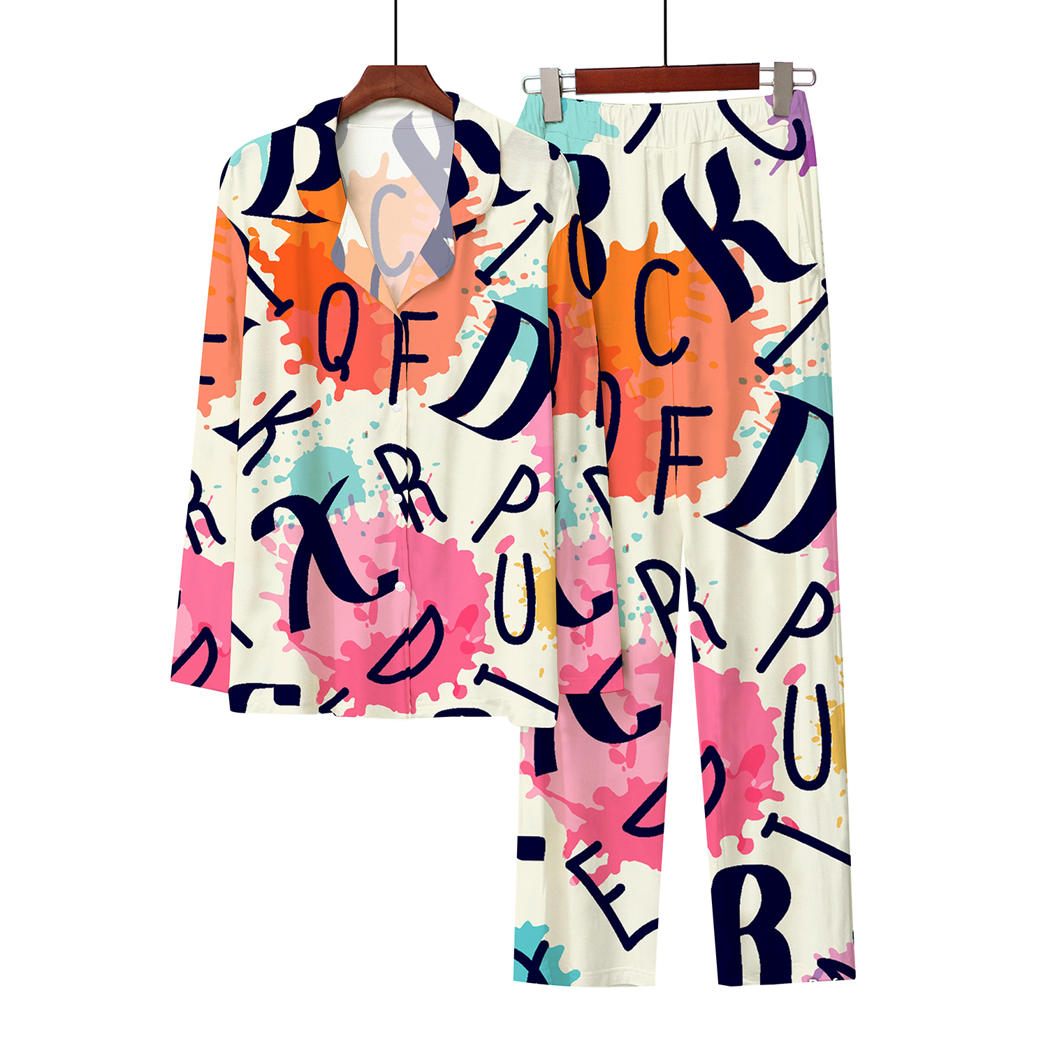 New designer 3D digital printed fashionable letter button cardigan wool sweater imitation cotton pajamas home casual set