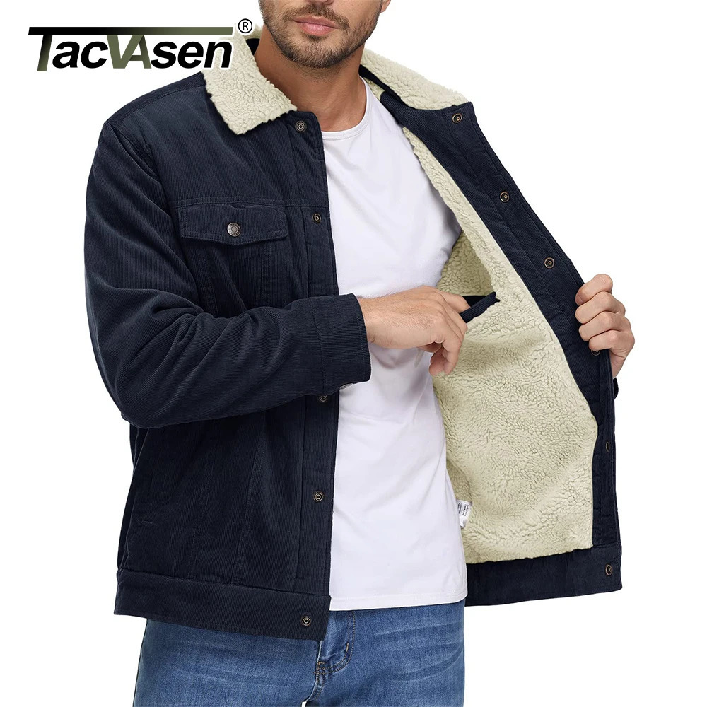 TACVASEN Mens Corduroy Jacket Soft and Warm Sherpa Wool Lining Collar Jacket Winter Truck Driver Cargo Work Clothes Multiple Pockets 241007