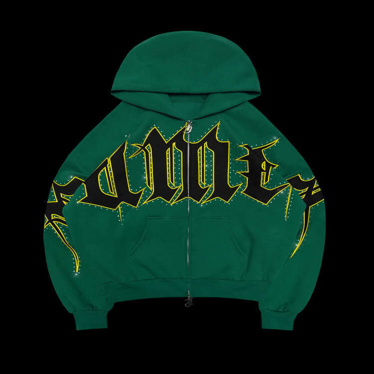 Spot cross-border autumn and winter American street letter inlaid diamond print loose casual hooded sweatshirt zipper sweatshirt wholesale