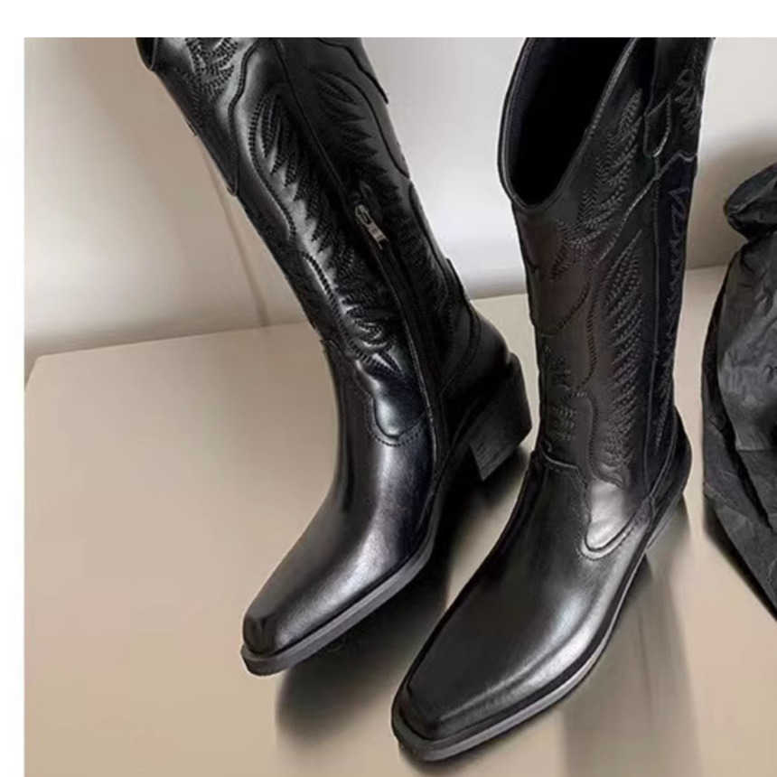 Fashion Boots Western High-heeled Cowboy Boots Female Knight Boots Pointed Brown Thick Heel Ankle Boots Long Boots 241008