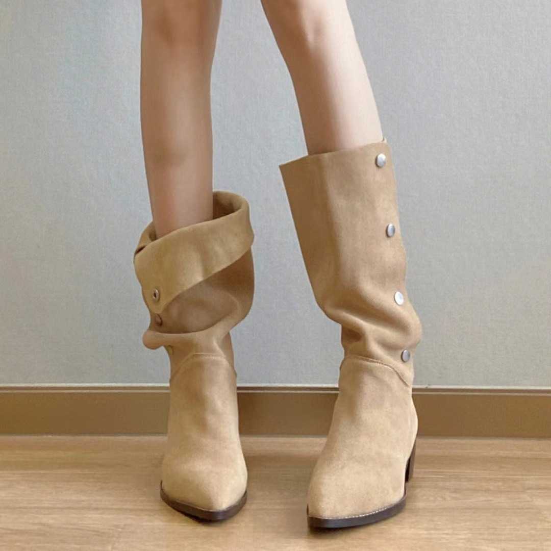 Fashion Boots Shoe Wearing Wrinkled Boots Matte Pile Up Ankle Boots WoMens Thick Heels Temperament Pointed Medium Boots 241008