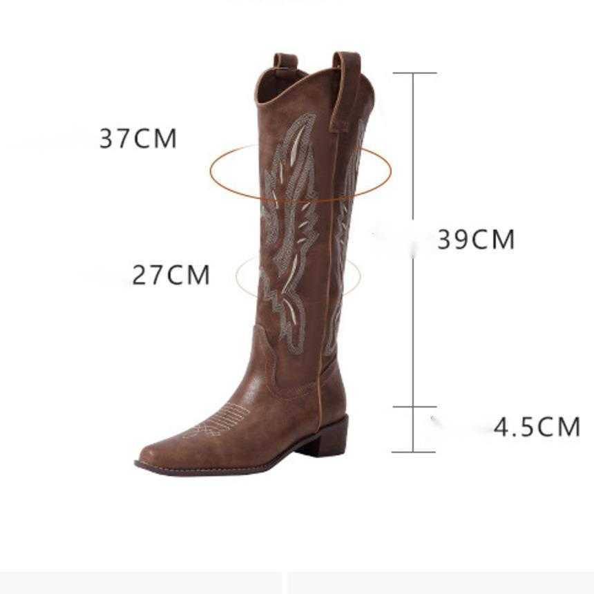 Fashion Boots Leather Embroidered Western Cowboy Boots Coarse Heel Ankle Boots Square Head Knight Boots Chelsea Boots Mid Length Boots 241008
