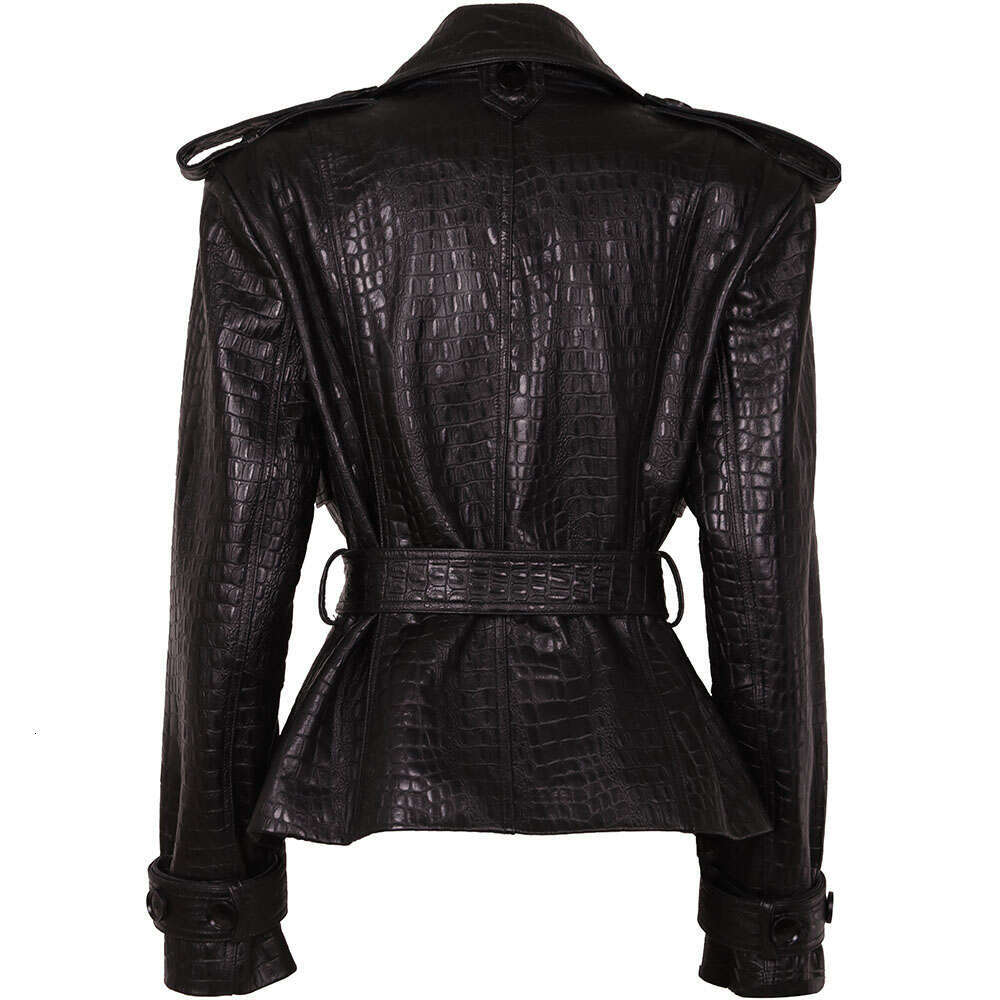 Yoloagain Double Breasted Croc Pattern Women 2023 Autumn New Genuine Leather Jacket Ladies