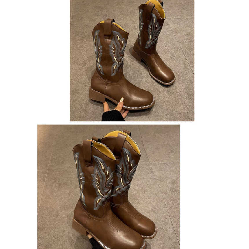 Fashion Boots Versatile Western Cowboy Boots Summer Thick Heel Ankle Boots Embroidered Sleeve Knight Boots Midsole Square Toe Martin Boots 241008