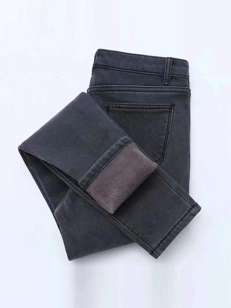 Winter high waist jean Thick warm stretch skinny pencil pants Female Simple casual black trousers 241007