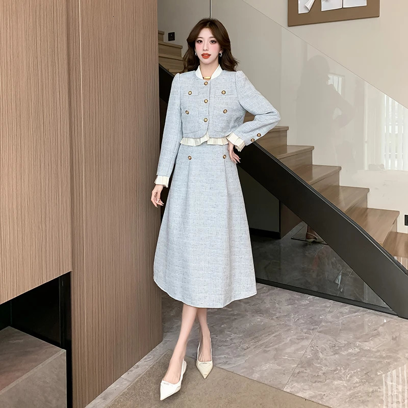 Elegant ruffled coarse woolen jacketone long skirt 2-piece set for womens autumn and winter dress fashion er party set 241019