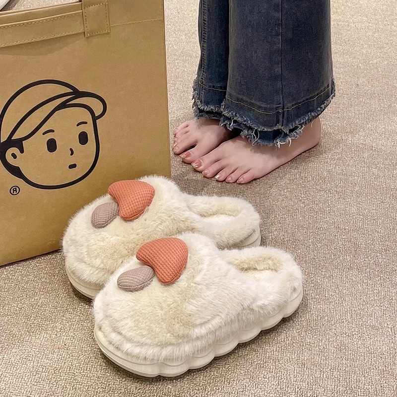 2024 New Winter Cute Mushroom Plush Warm and Anti slip Thick Bottom Indoor Cotton Slippers for Men and Women