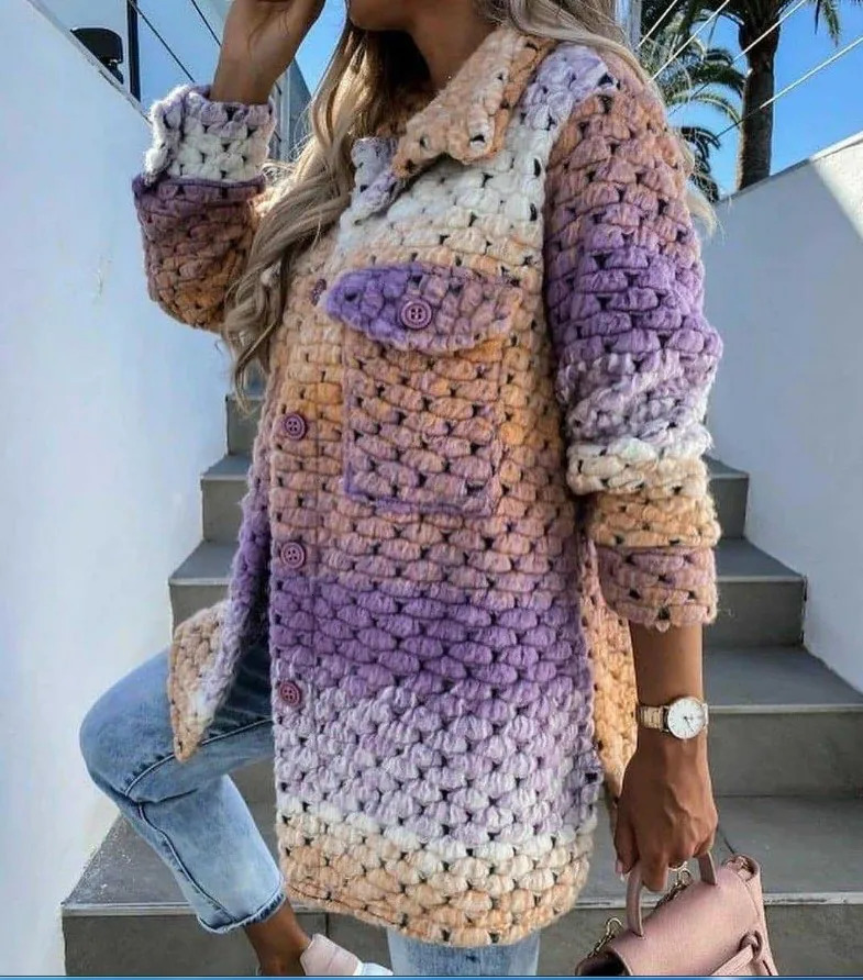 Womens casual wool and blended jacket casual warm top womens long sleeved single corset womens printed tweed coat 241019