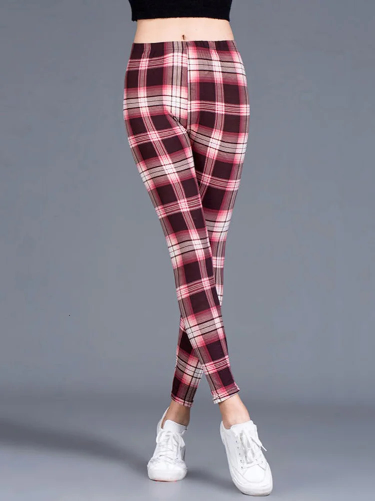 CUHAKCI Female Fitness Legging Print Plaid Leggings Lady Sexy Slim Pencil Pants Push Up Elastic Waist Trousers 241007