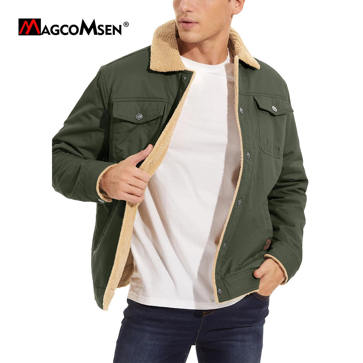 MAGCOMSEN Mens Winter Jacket Series Sherpa Jacket Warm Truck Jacket Multi Pocket Cargo Collar Park Work Jacket 241007
