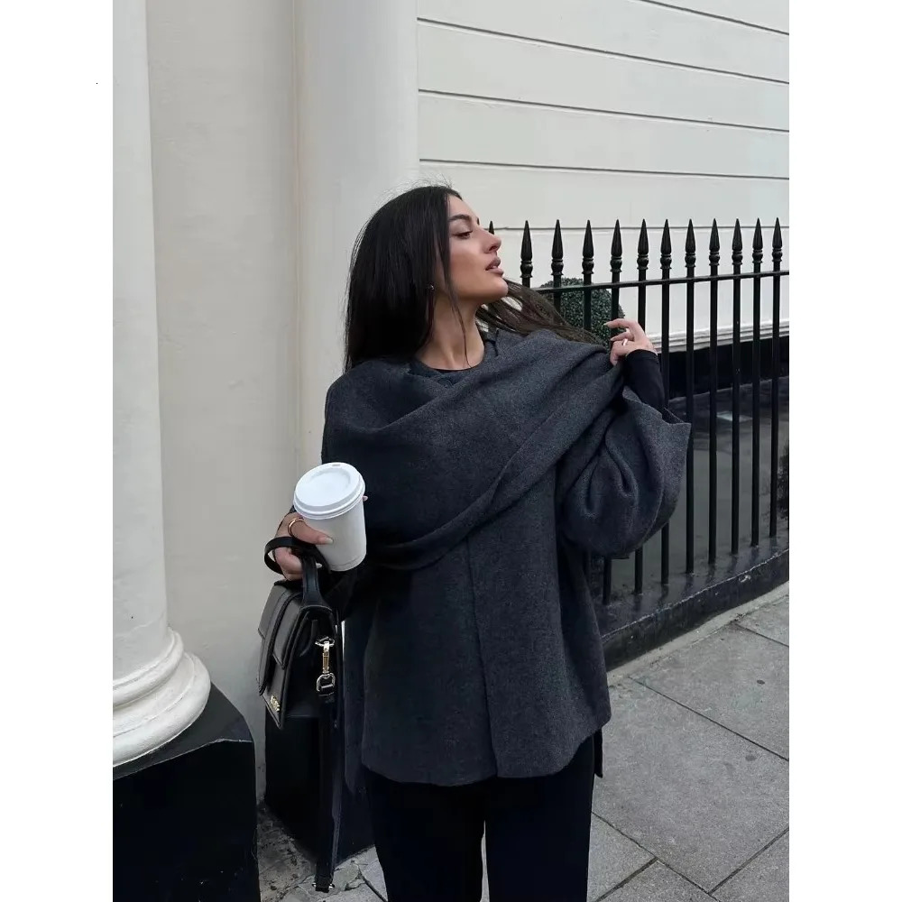 Women Fashion Scarf Decorated Woolen Jacket Casual Solid Long Sleeve Loose Warm Overcoat Autumn Winter Lady Chic Coat 241010