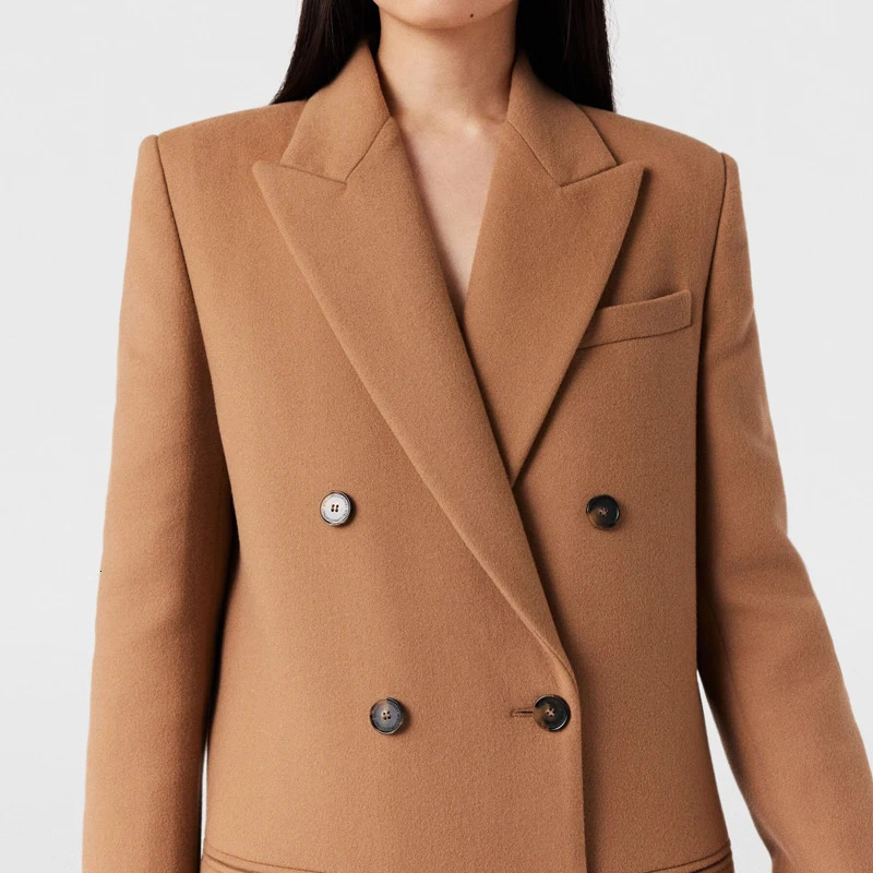 Fashionable Womens Camel Wool Coat AnkleLength Winter Warm Double Breasted n 241010