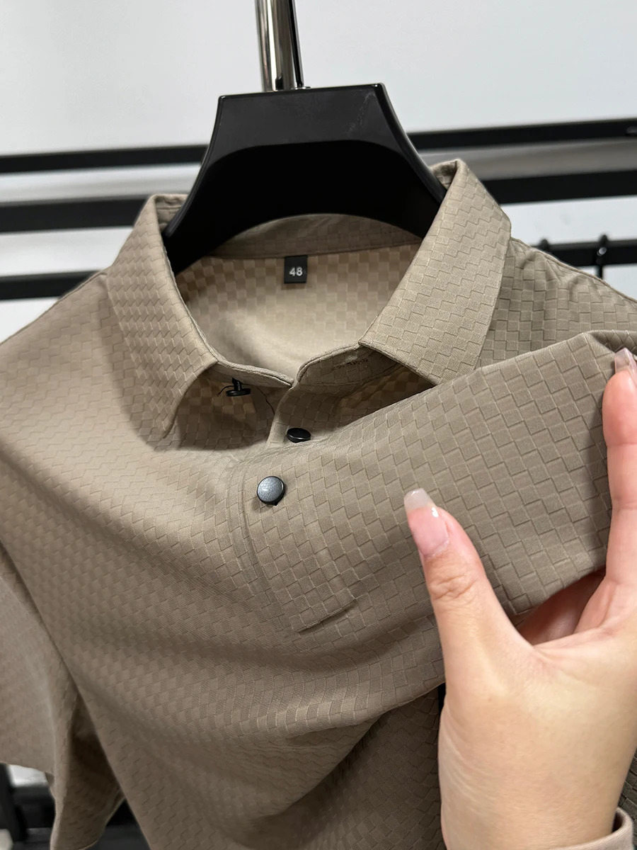 Trendy Summer Mens Shortsleeved POLO Shirt Ice Silk Breathable and Cool Quality Plaid Lapel Business Casual Korean Top Tshirt 241009