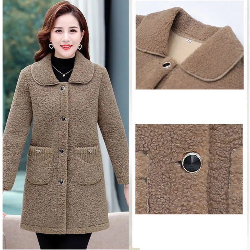 Middle aged mother artificial cashmere coat autumn and winter loose long sleeved coat solid womens jacket Parkas casual top 241019