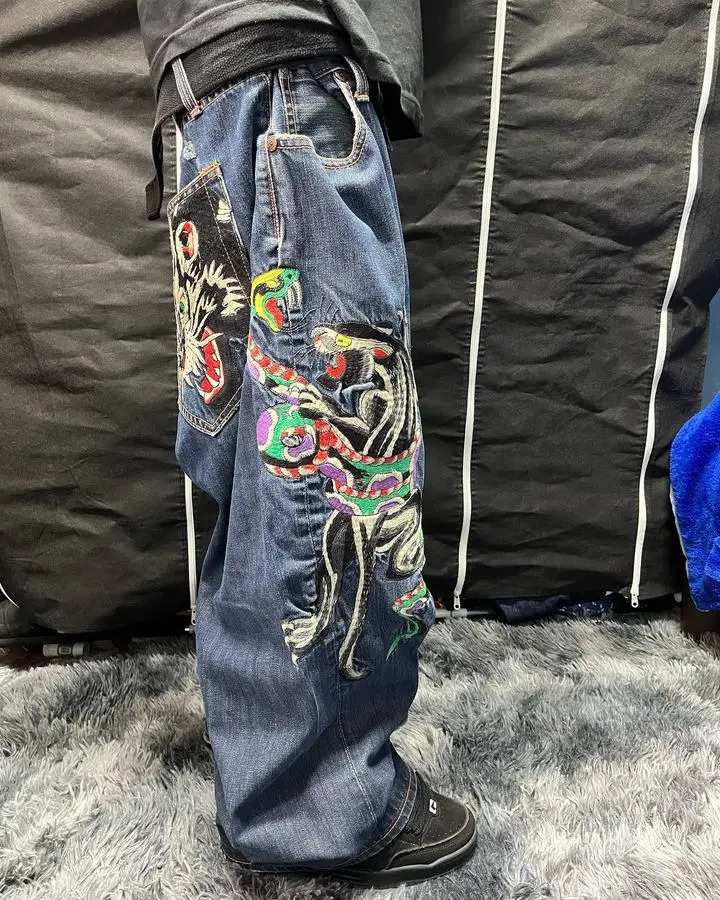 Y2K Harajuku Hip Hop Rock Graphic Print Retro Blue Pocket Jeans Womens Low Waist Wide Leg Trousers 241019