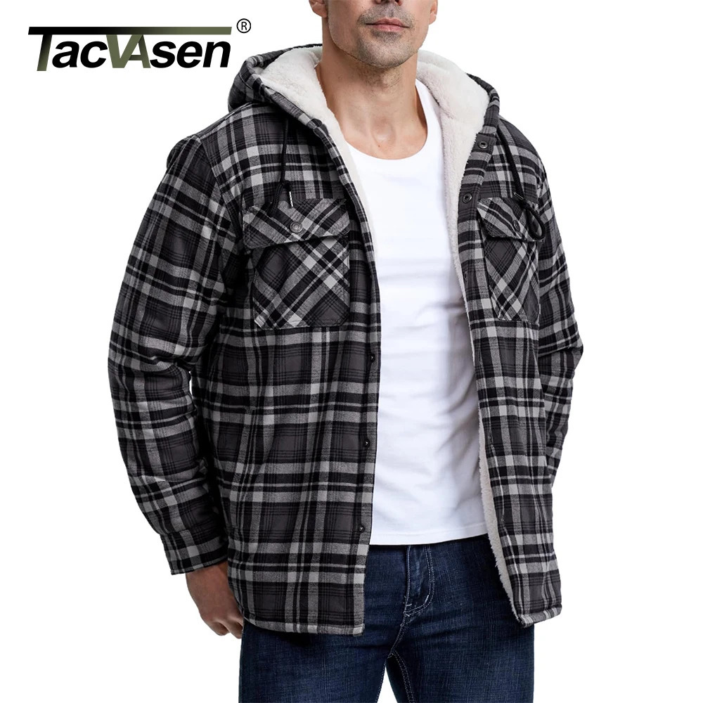 TACVASEN thick warm flannel hooded jacket mens Sherpa wool lining winter coat button casual plain jacket with 5 pockets 241007