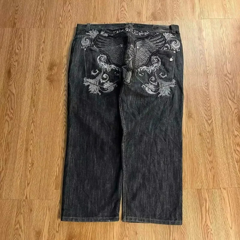 Y2K Fashion Trend Super Wings Embroidered Baggy Jeans Mens Street Dress Retro Pop Hip Hop Casual High Waist Wide Leg Pants 241019