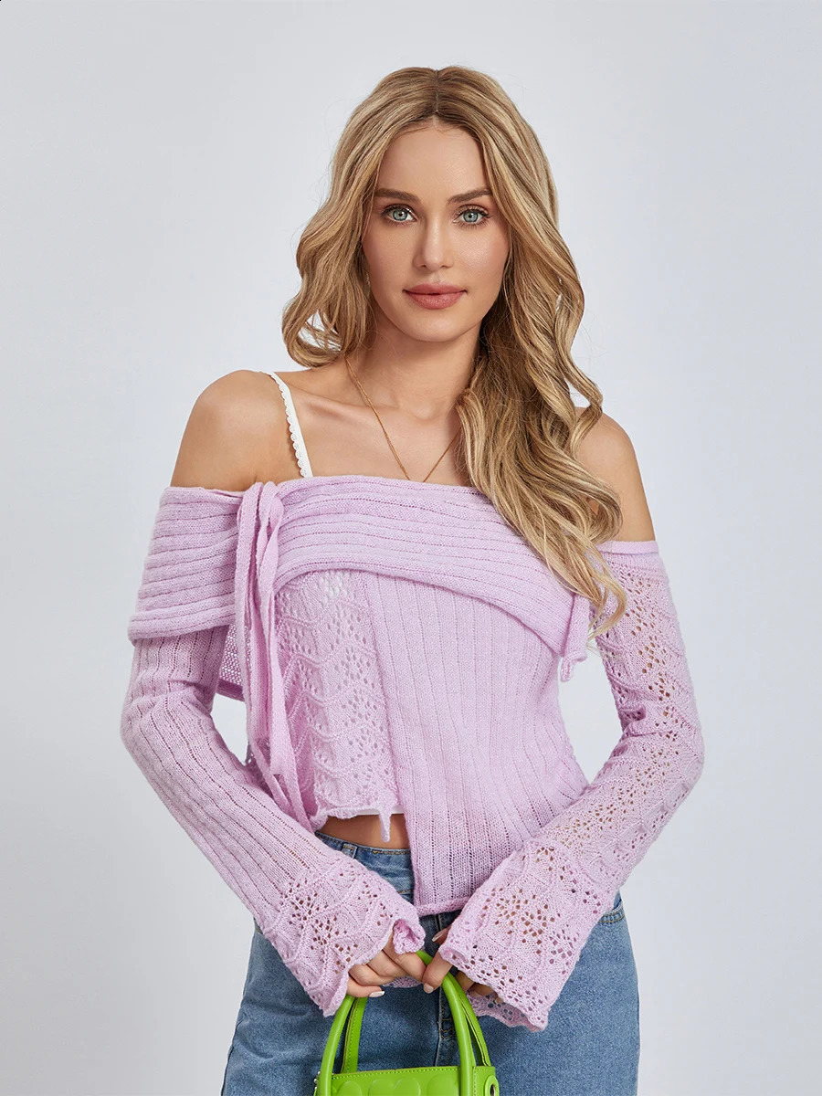 wsevypo Fairycore Off-the-Shoulder Fall Sweaters Womens Knit Crochet Flare Long Sleeve Slash Neck Tie-up Pullovers Jumpers 241010