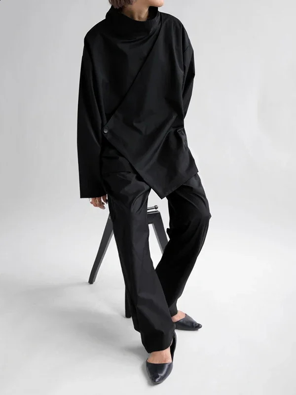 Gymystars Black Long Sleeves Loose High Neck T-Shirts Tops Womens Spring Autumn Buttoned Casual Simpie Top 241019